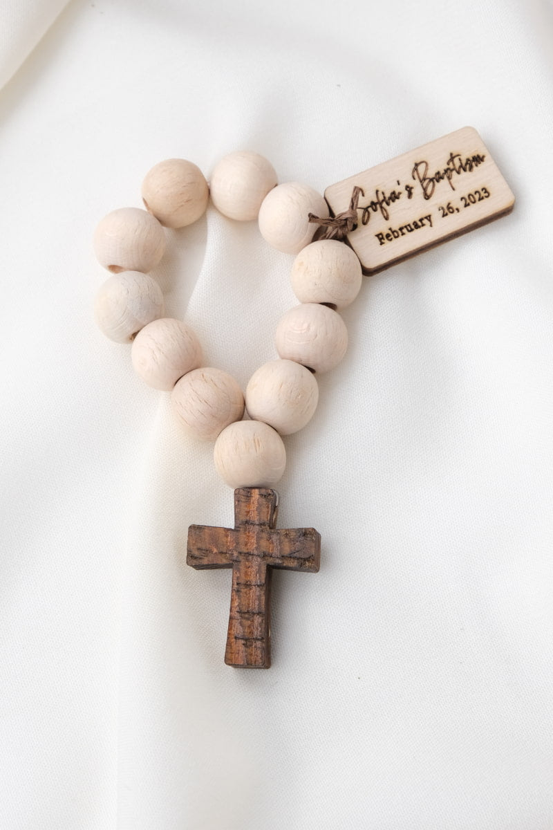 personalized mini wooden rosaries with textured wooden cross charm