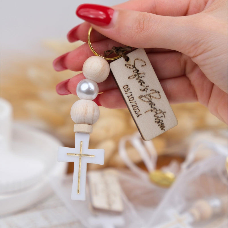 personalized cross keychain favors for baptism guests