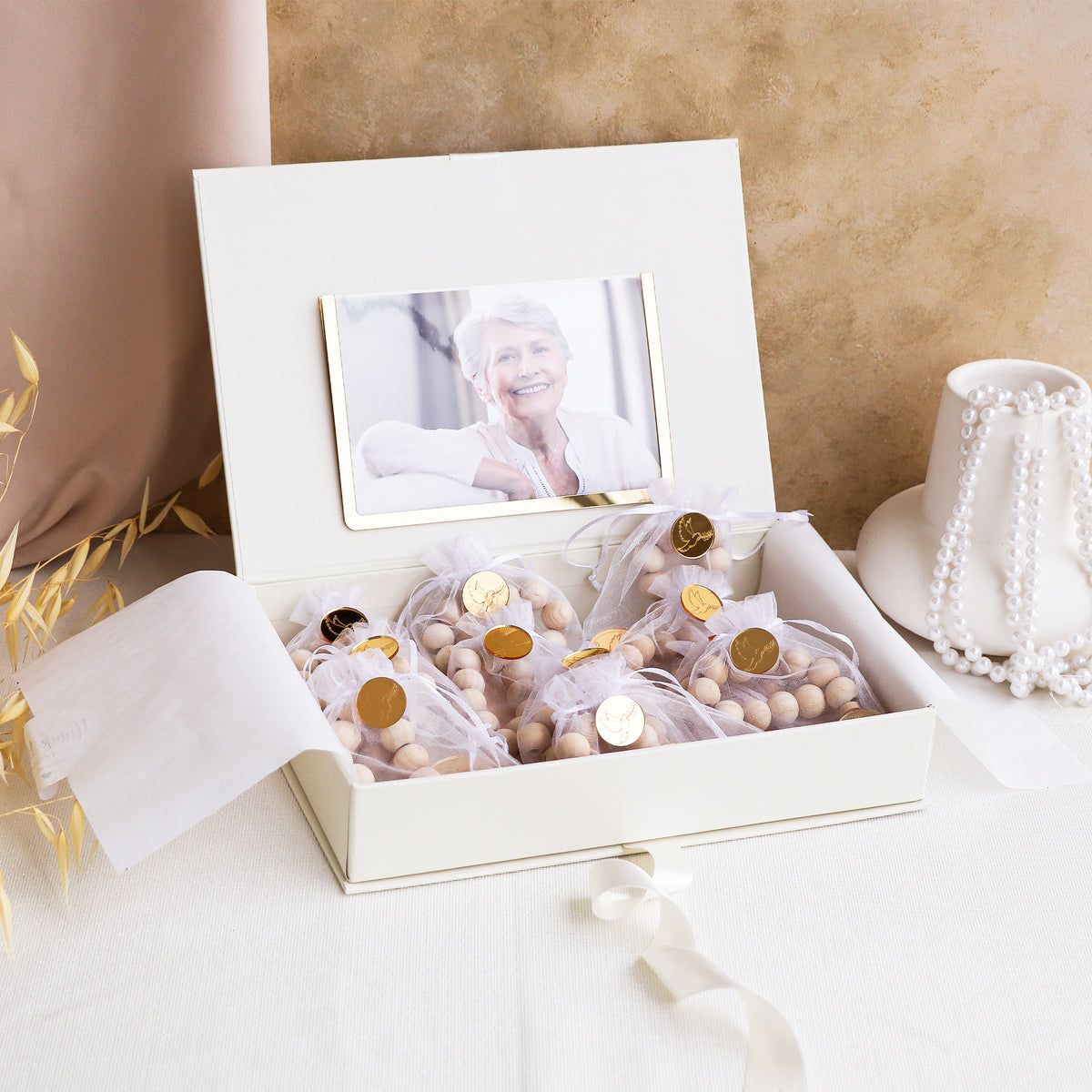 Large Personalized Funeral Memory Box with Mini Rosaries
