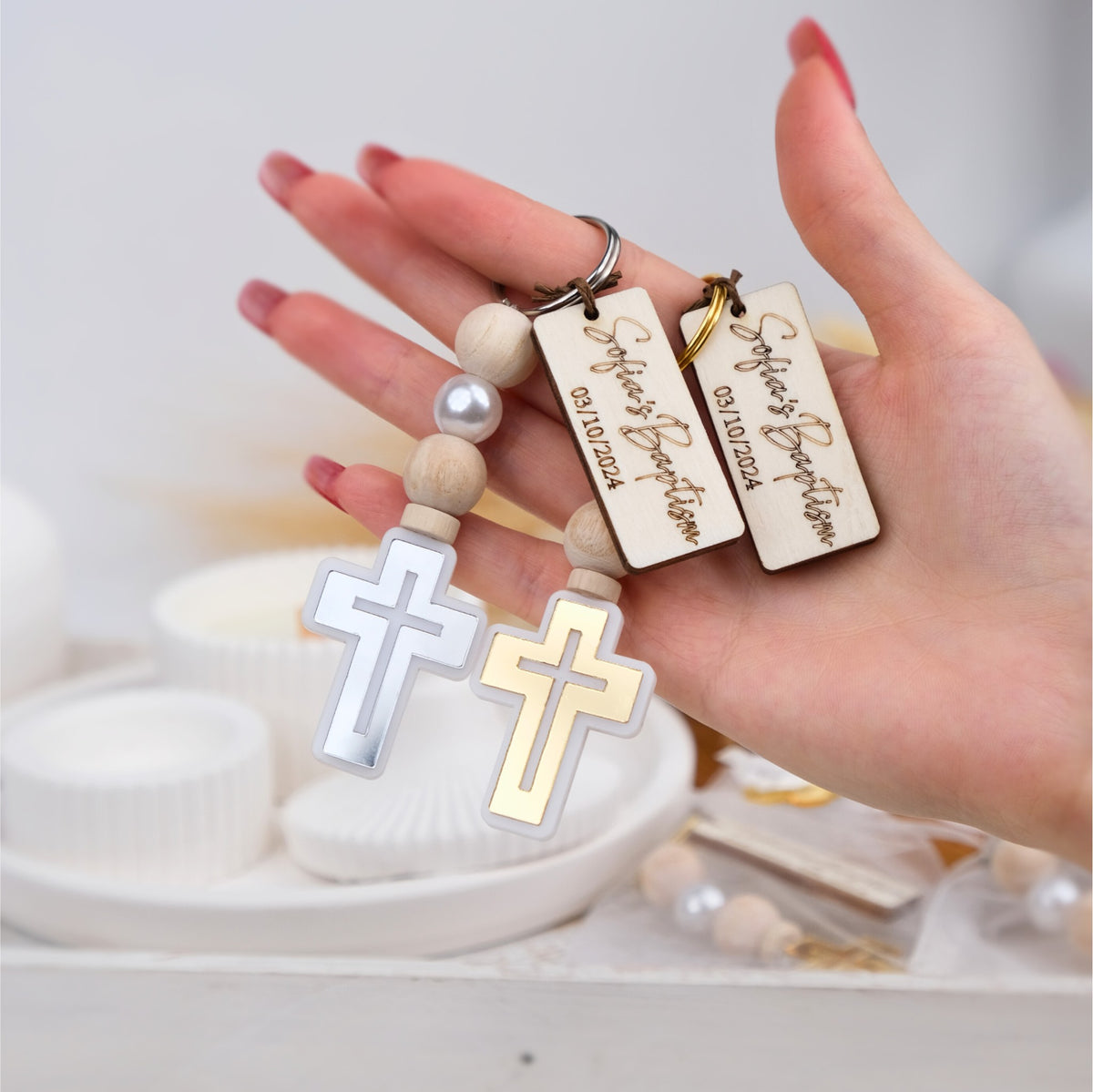 Personalized Baptism Cross Keychain Favors