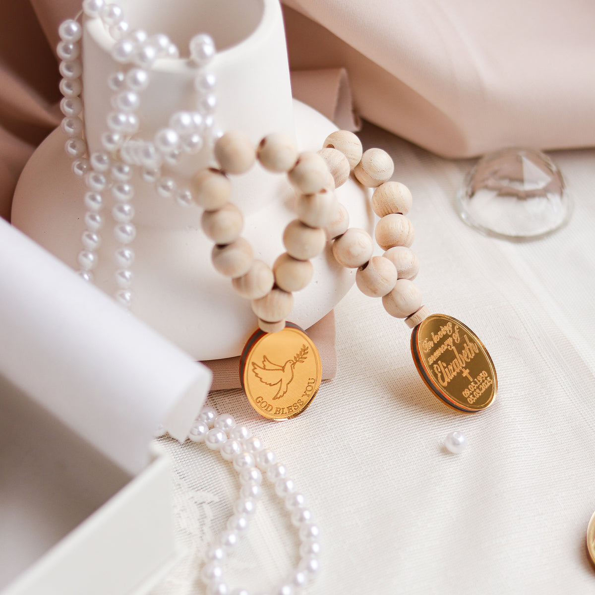 Large Personalized Funeral Memory Box with Mini Rosaries