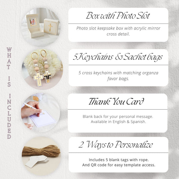 Product bundle with box, keychains, sachet bags, thank you card, and customizable tags on a white background.