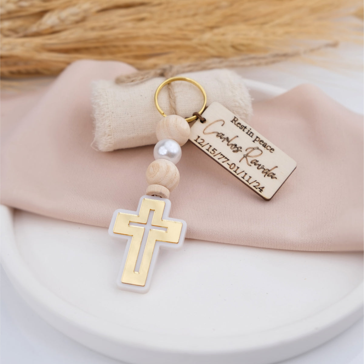 Personalized Memorial Cross Keychains - Elegant Funeral Favors