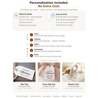 Website page for personalized favor tags with options to personalize by hand or scan & print.