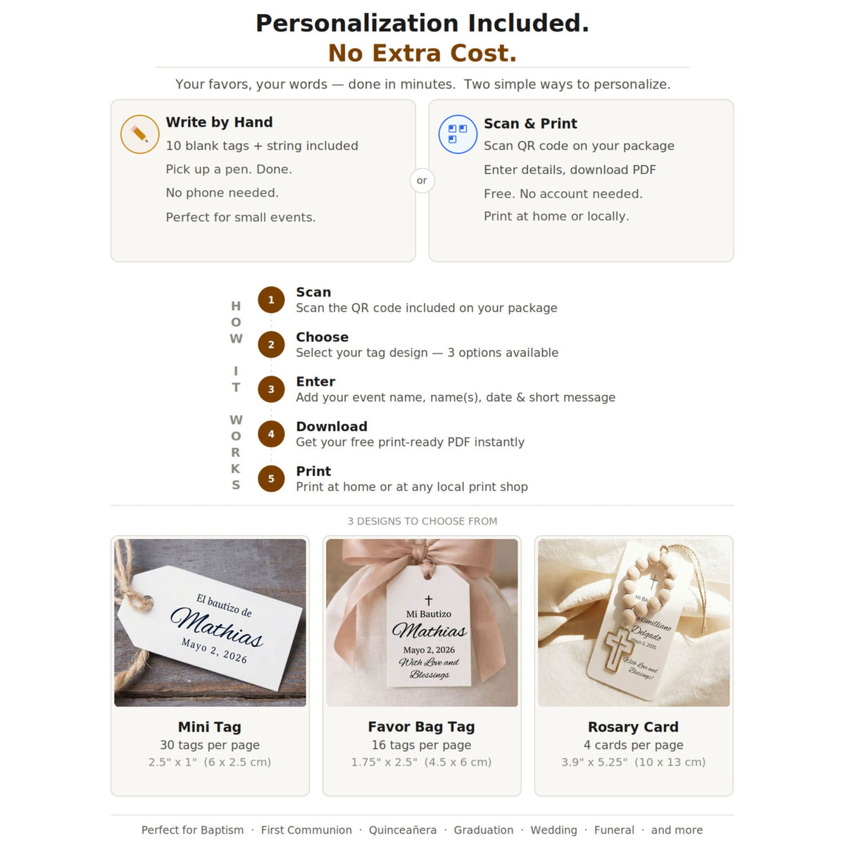 Website page for personalized favor tags with options to personalize by hand or scan & print.