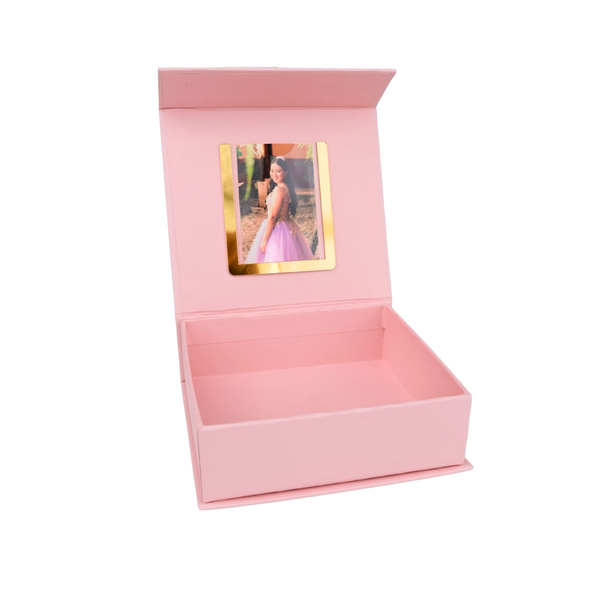 Pink photo album keepsake box with a picture of a girl on a white background