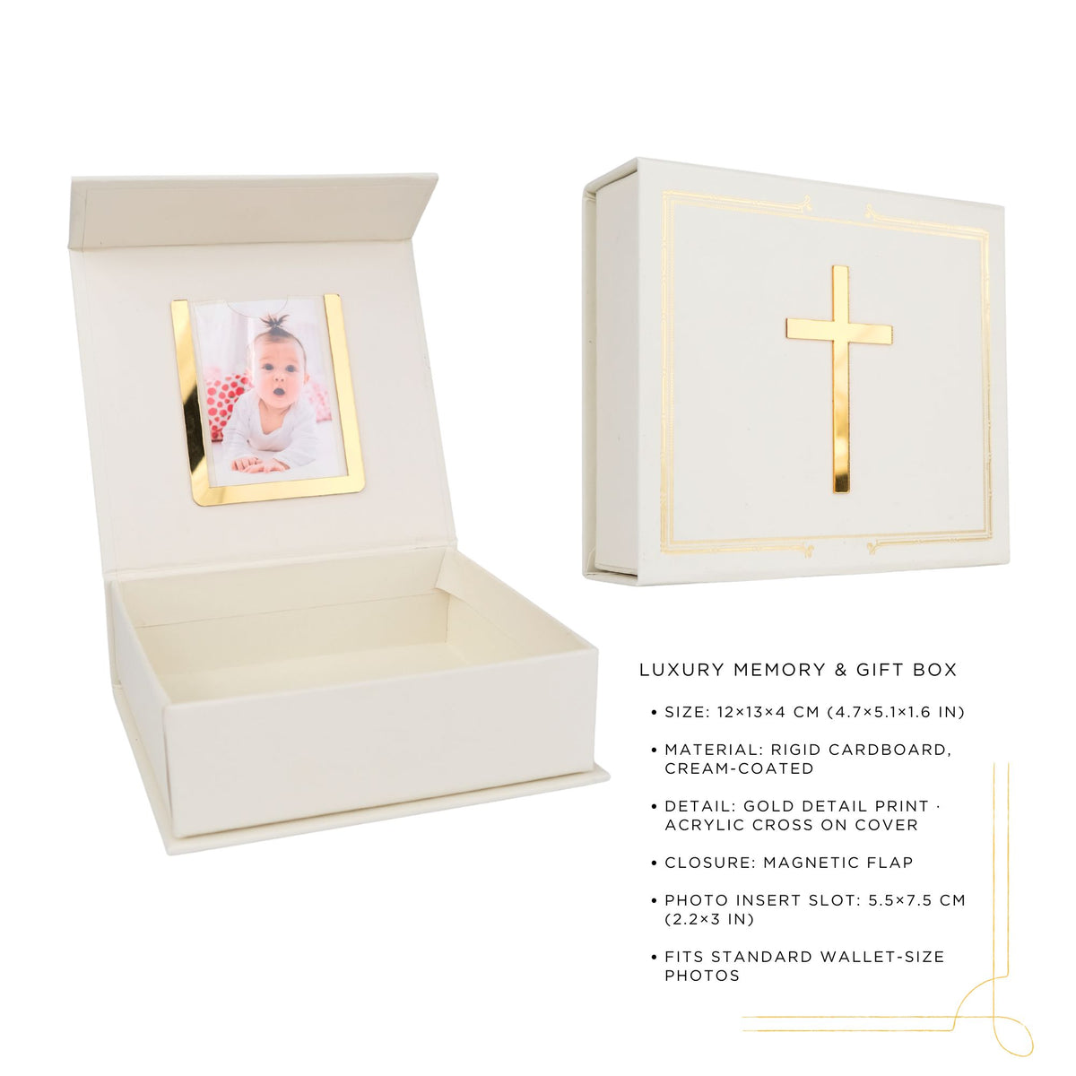 Cream-colored memory and gift box with gold cross design and photo slot on a white background