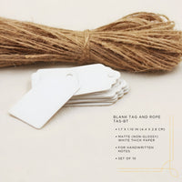 Blank tags and rope on a light background with product details.