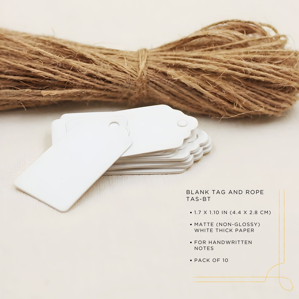 Blank tags and rope on a light background with product details.
