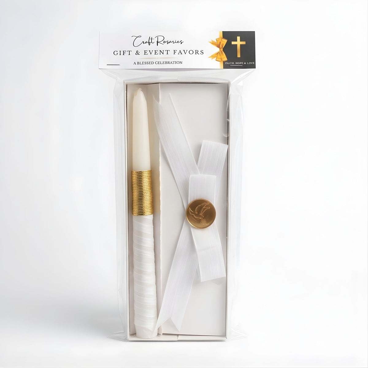 Bapitsm Gift box with a white candle and gold accents, featuring 'Craft Rosaries' branding.