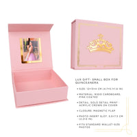Pink gift box with gold crown design for quinceanera, open to show photo insert slot.