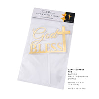 Packaged cake topper with 'God Bless' and cross design on a white background
