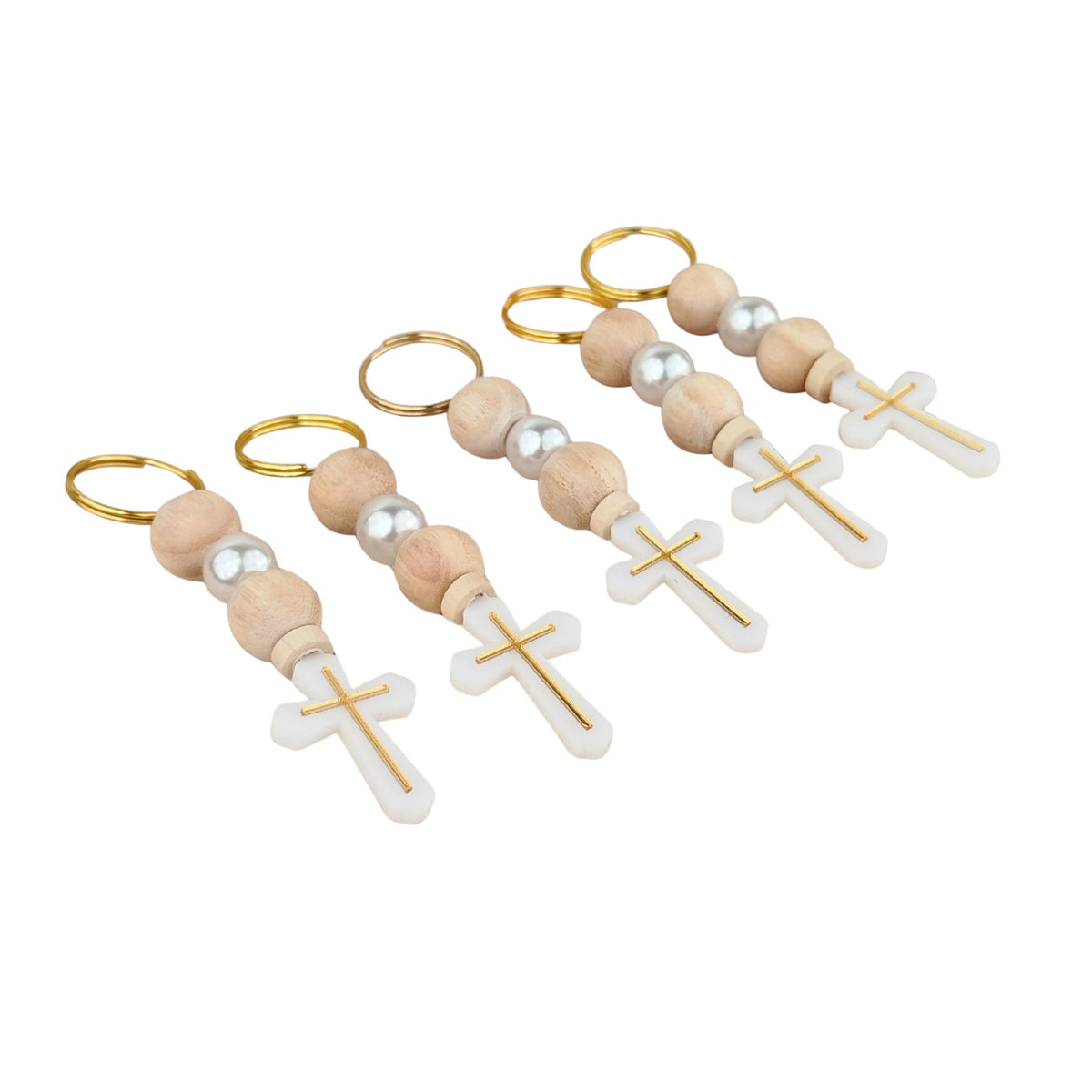 Elegant favor keychains with wooden beads and cross designs on a white background
