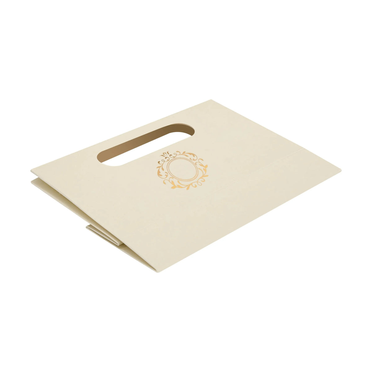 Beige gift bag with a gold decorative details on a white background