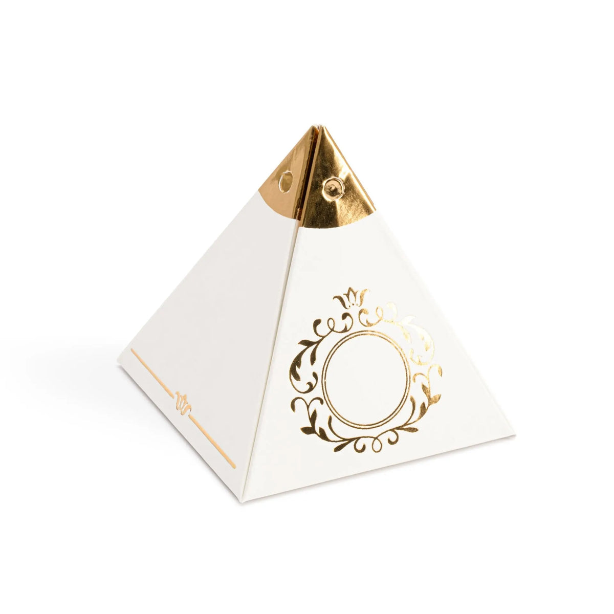 Pyramid-shaped white candy favor box with gold accents on a white background