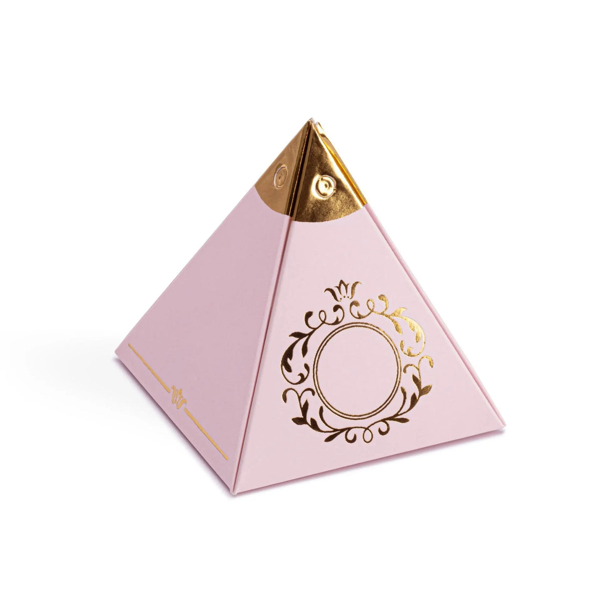 Pyramid-shaped pink favor box with gold accents on a white background