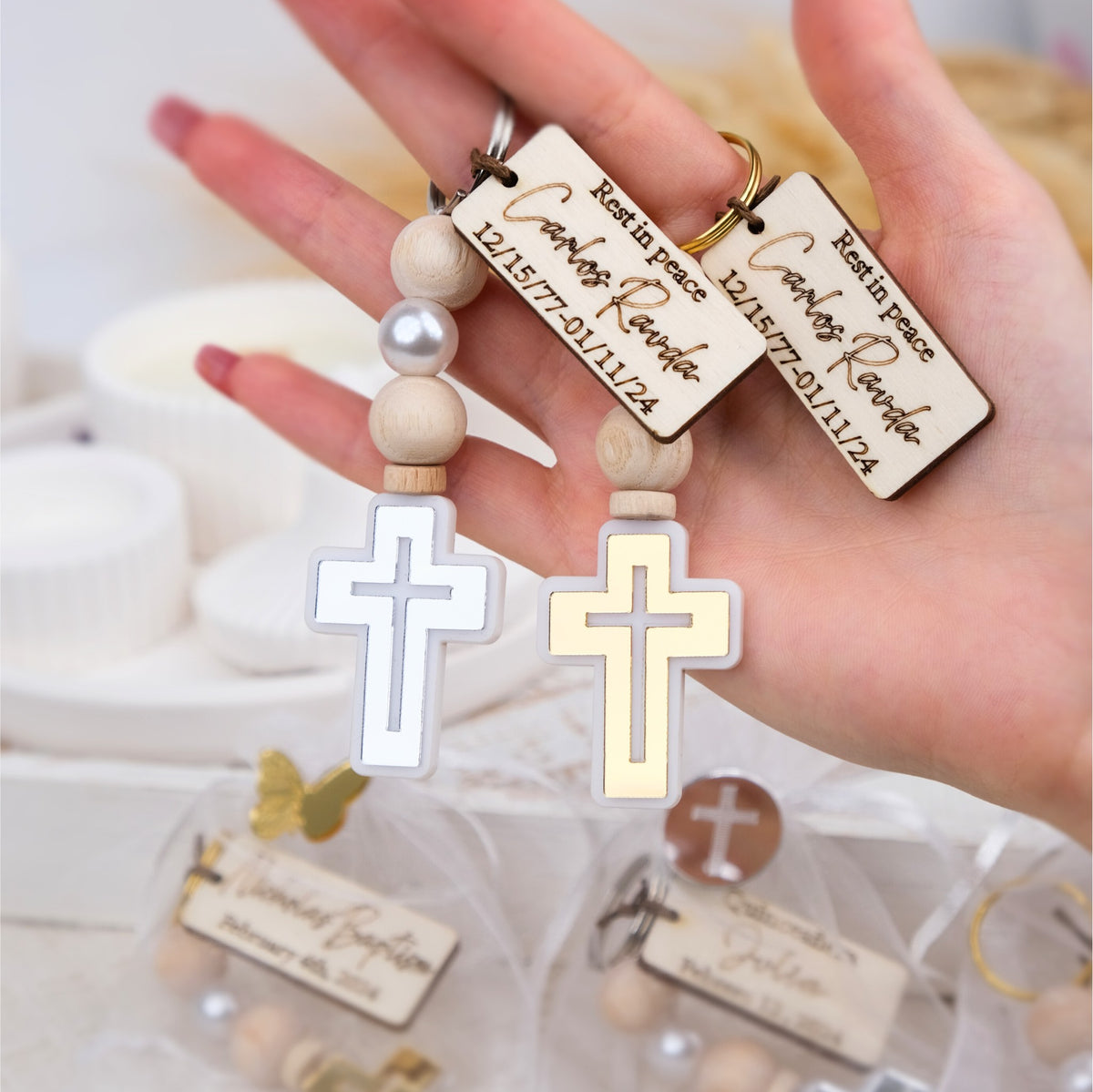 Personalized Memorial Cross Keychains - Elegant Funeral Favors