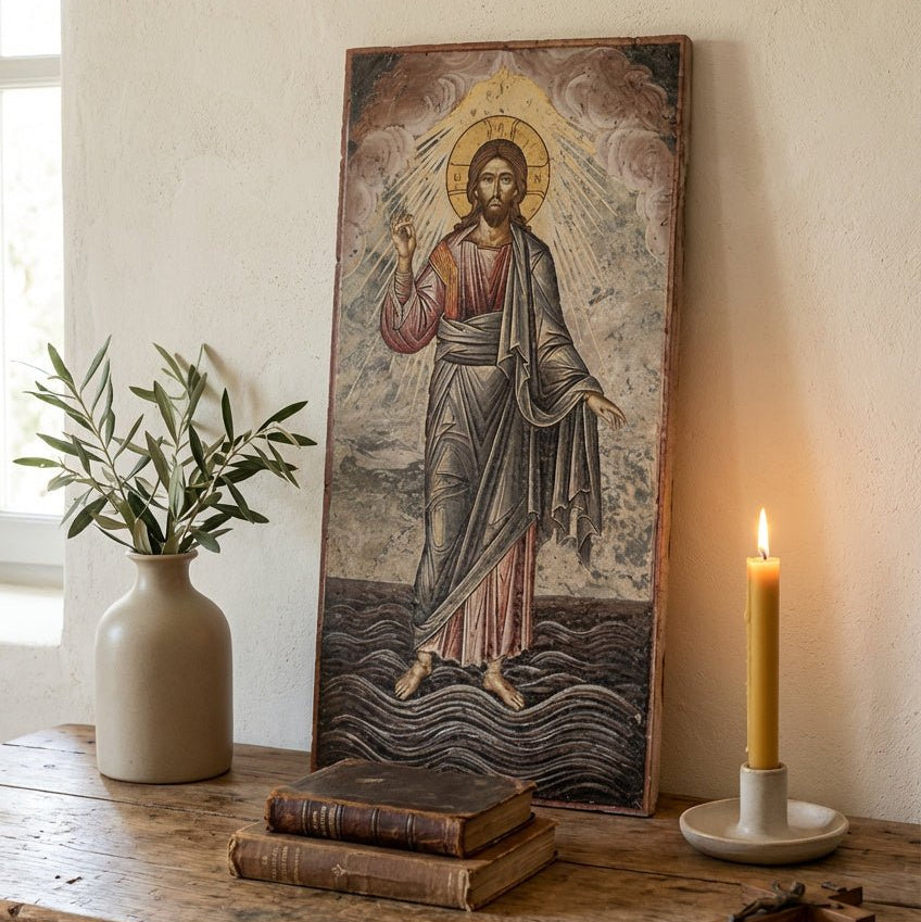 Handmade Travertine Stone Jesus Icon – Christian Stone Art Plaque 8x16 - Craft Rosaries
