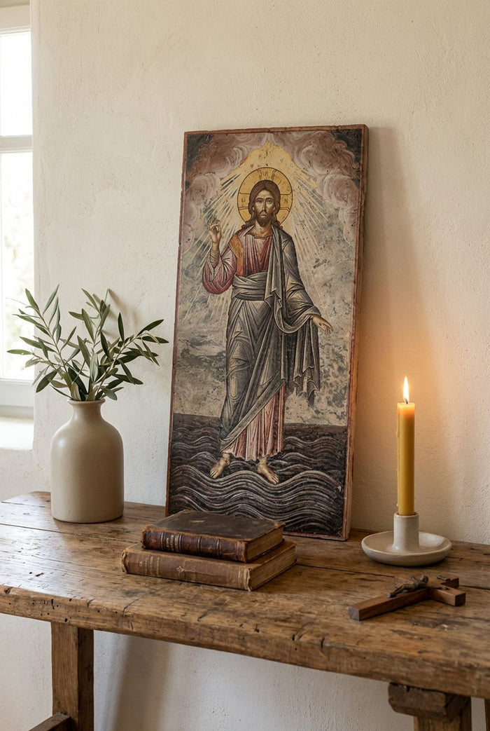Handmade Travertine Stone Jesus Icon – Christian Stone Art Plaque 8x16 - Craft Rosaries