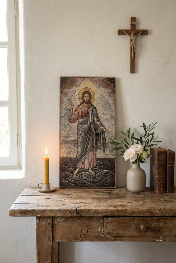 Handmade Travertine Stone Jesus Icon – Christian Stone Art Plaque 8x16 - Craft Rosaries
