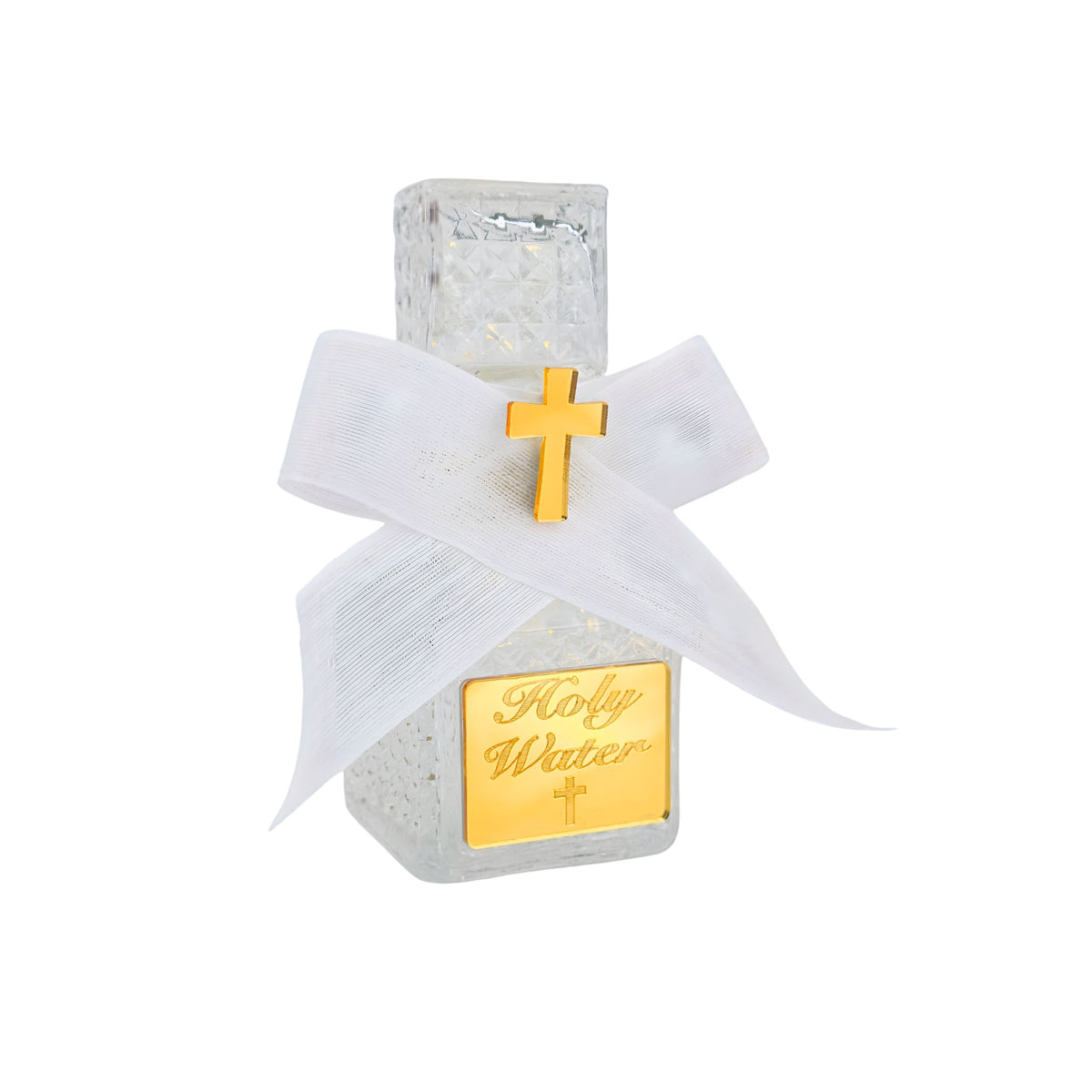 Holy water bottle with white ribbon and gold cross on a white background