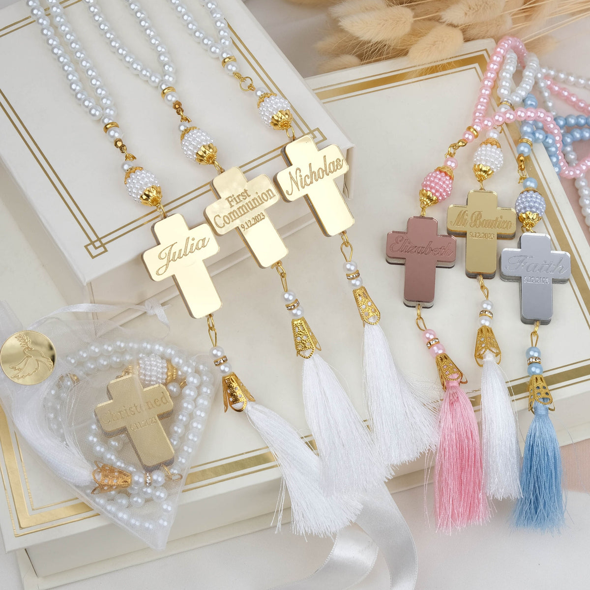 Personalized baptism rosary favors with cross pendant, double sided cross made with acrylic mirror and rosary has tassel and sachet bag