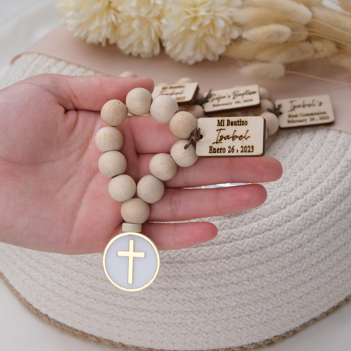 Personalized Baptism Mini Wooden Rosary Favors with Cross Figure, Christening, Bautizo, First Communion, Religious Gifts, Bautizo Recuerdos