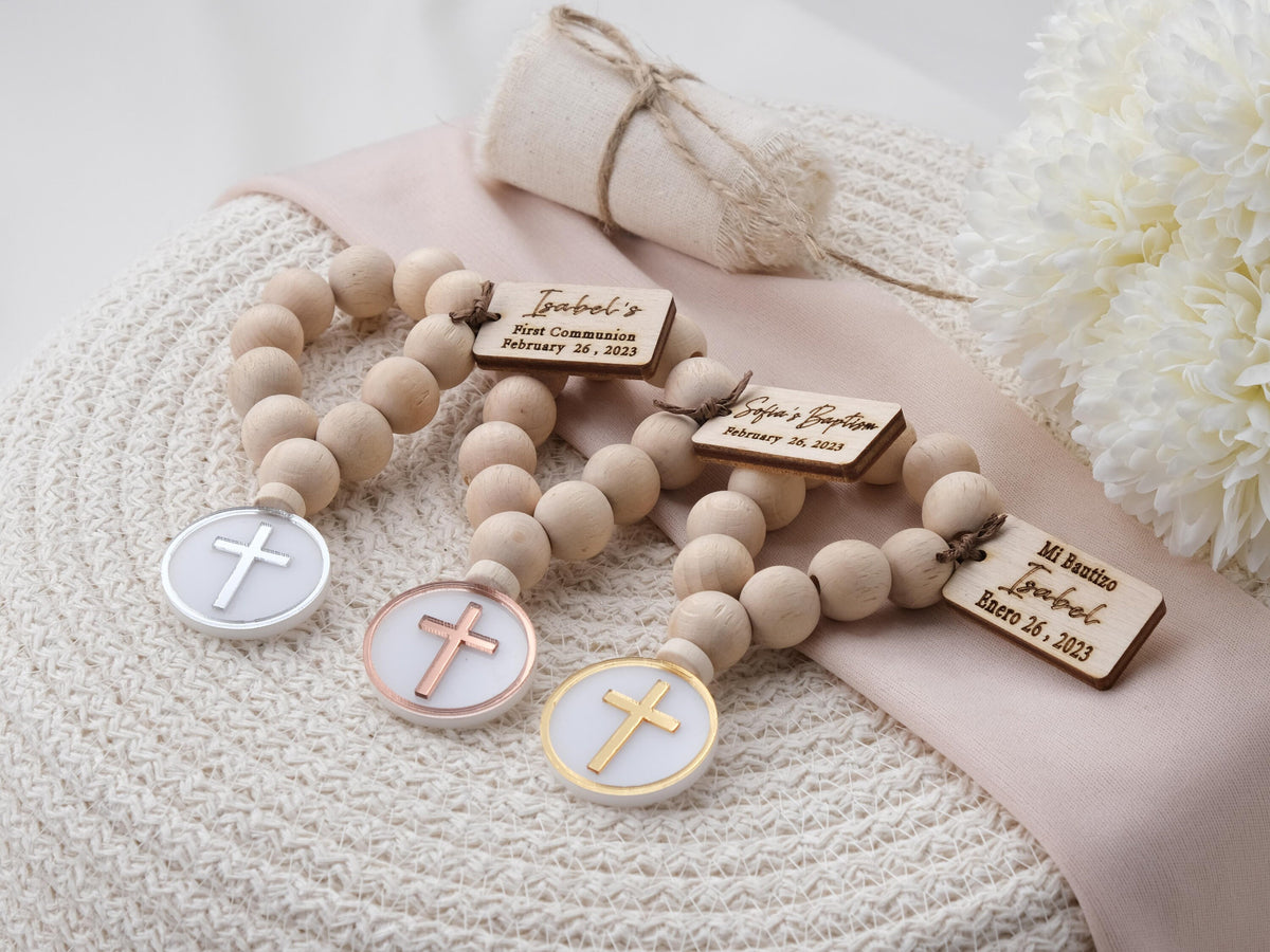 Personalized Baptism Mini Wooden Rosary Favors with Cross Figure, Christening, Bautizo, First Communion, Religious Gifts, Bautizo Recuerdos