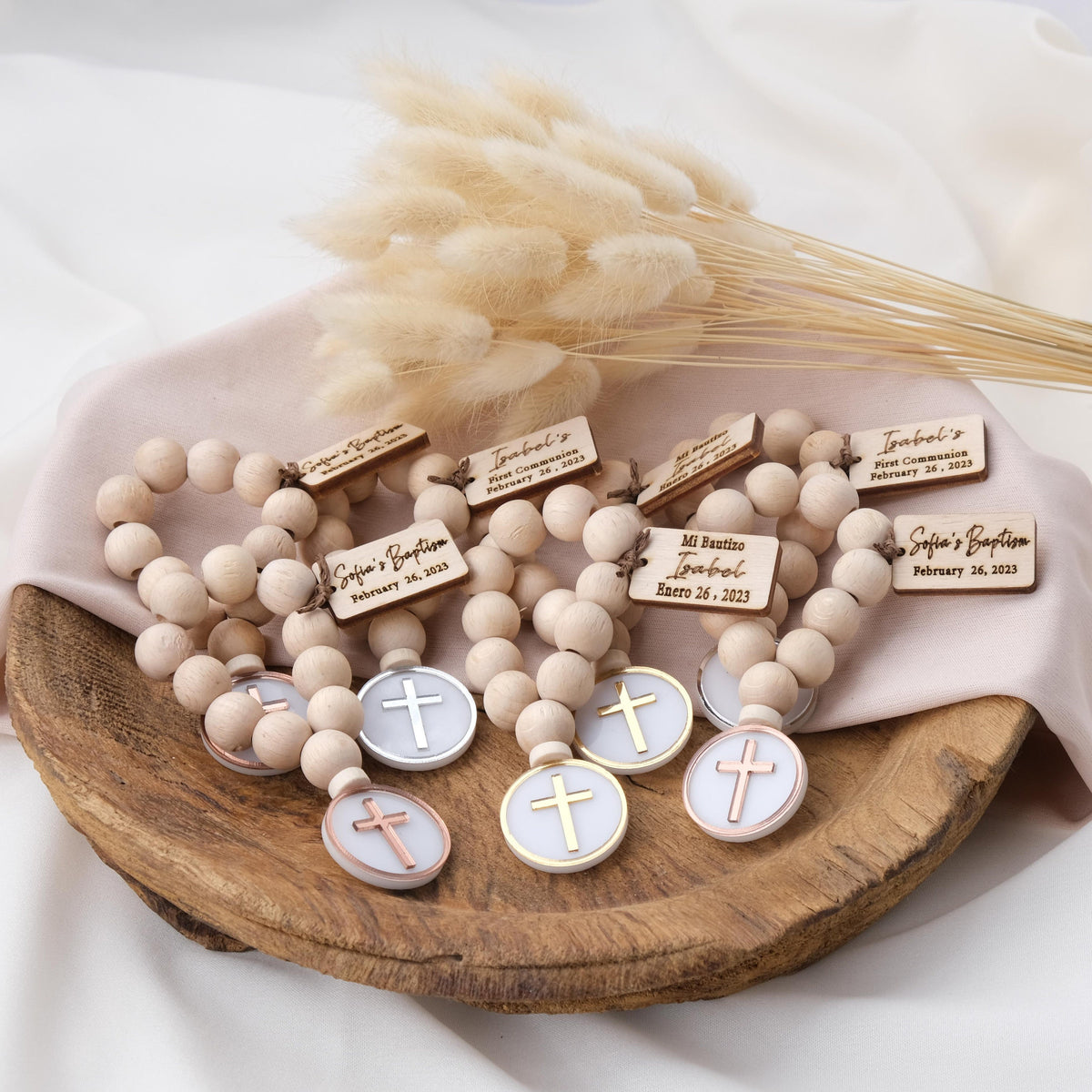 Personalized mini wooden rosaries with cross figure