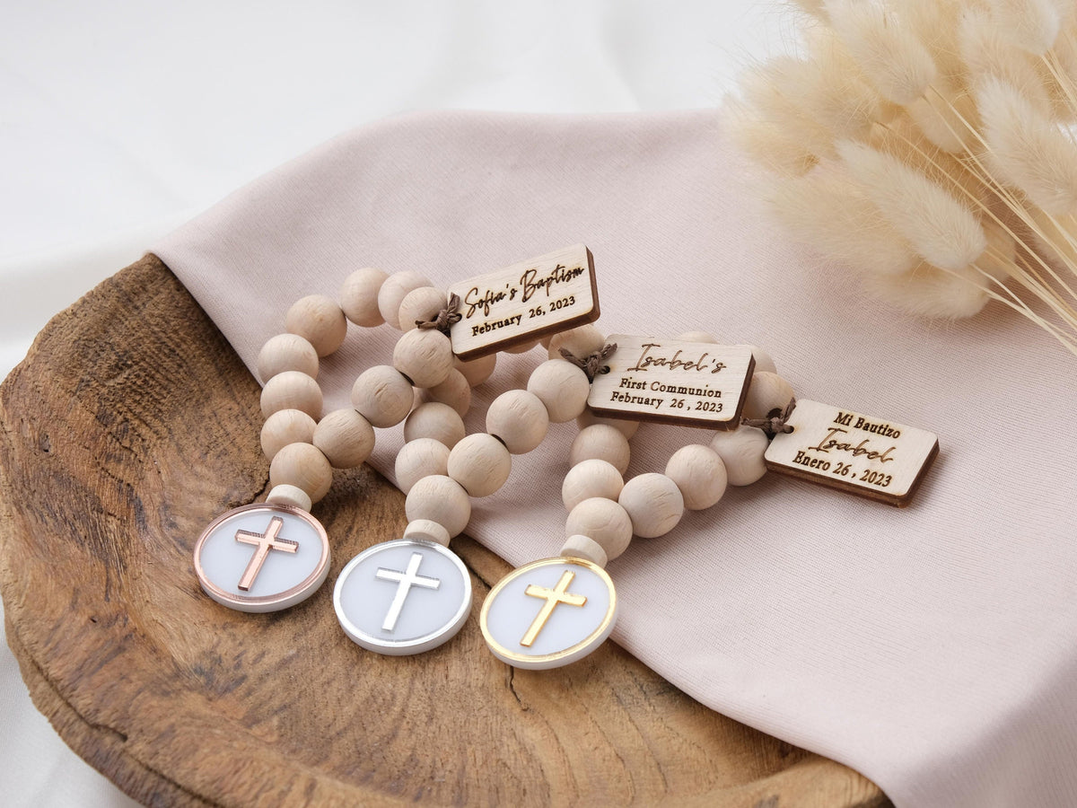 Personalized Baptism Mini Wooden Rosary Favors with Cross Figure, Christening, Bautizo, First Communion, Religious Gifts, Bautizo Recuerdos