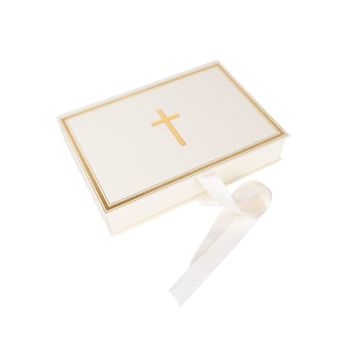White baptism keepsake box with gold cross and white bow on a white background