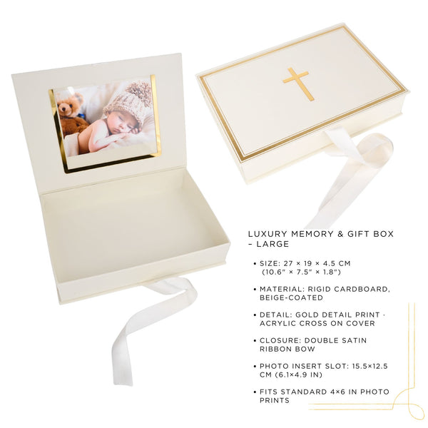 Luxury memory and gift box with photo insert slot and gold cross detail on cover.