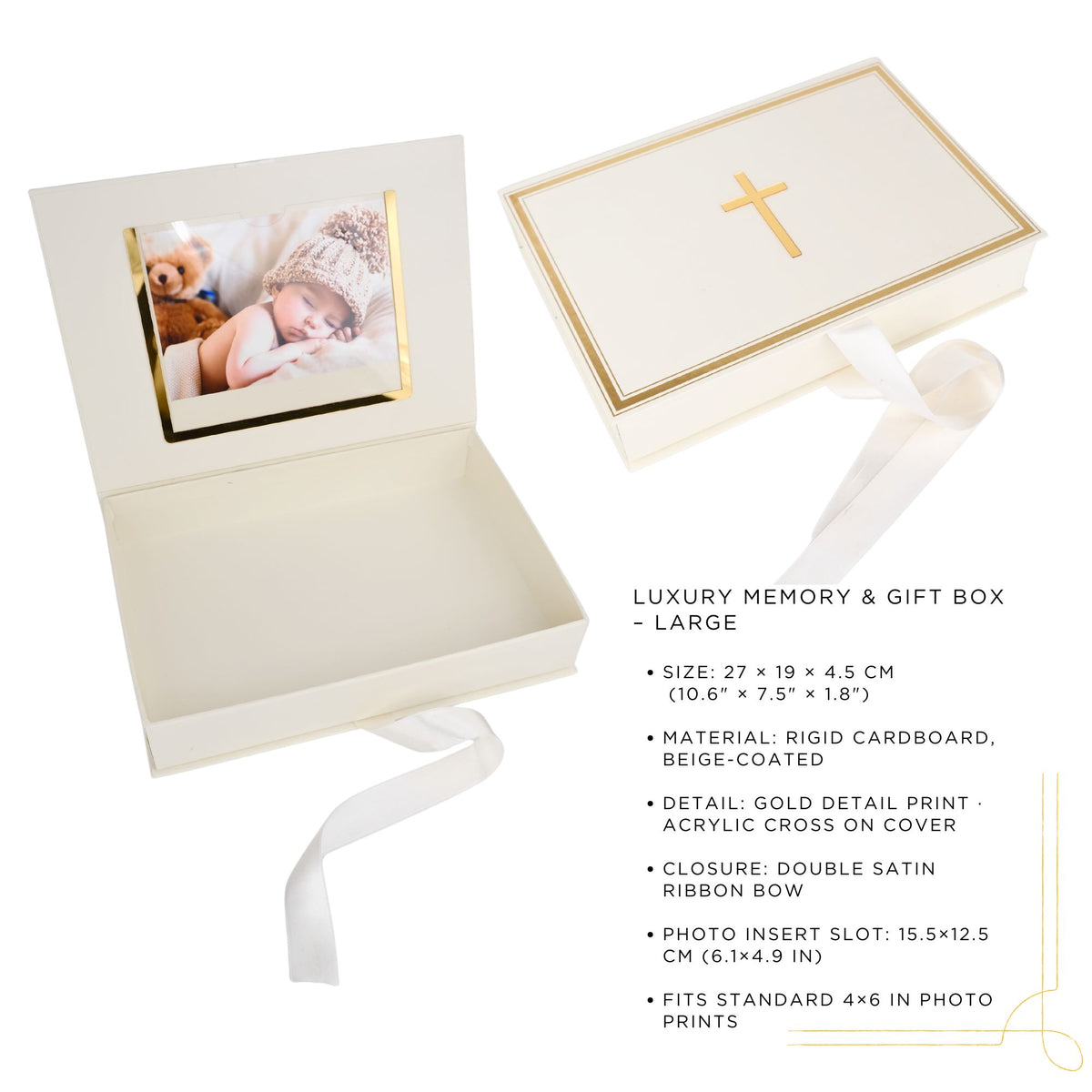 Luxury memory and gift box with photo insert slot and gold cross detail on cover.