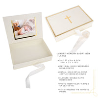 Luxury memory and gift box with photo insert slot and gold cross detail on cover.