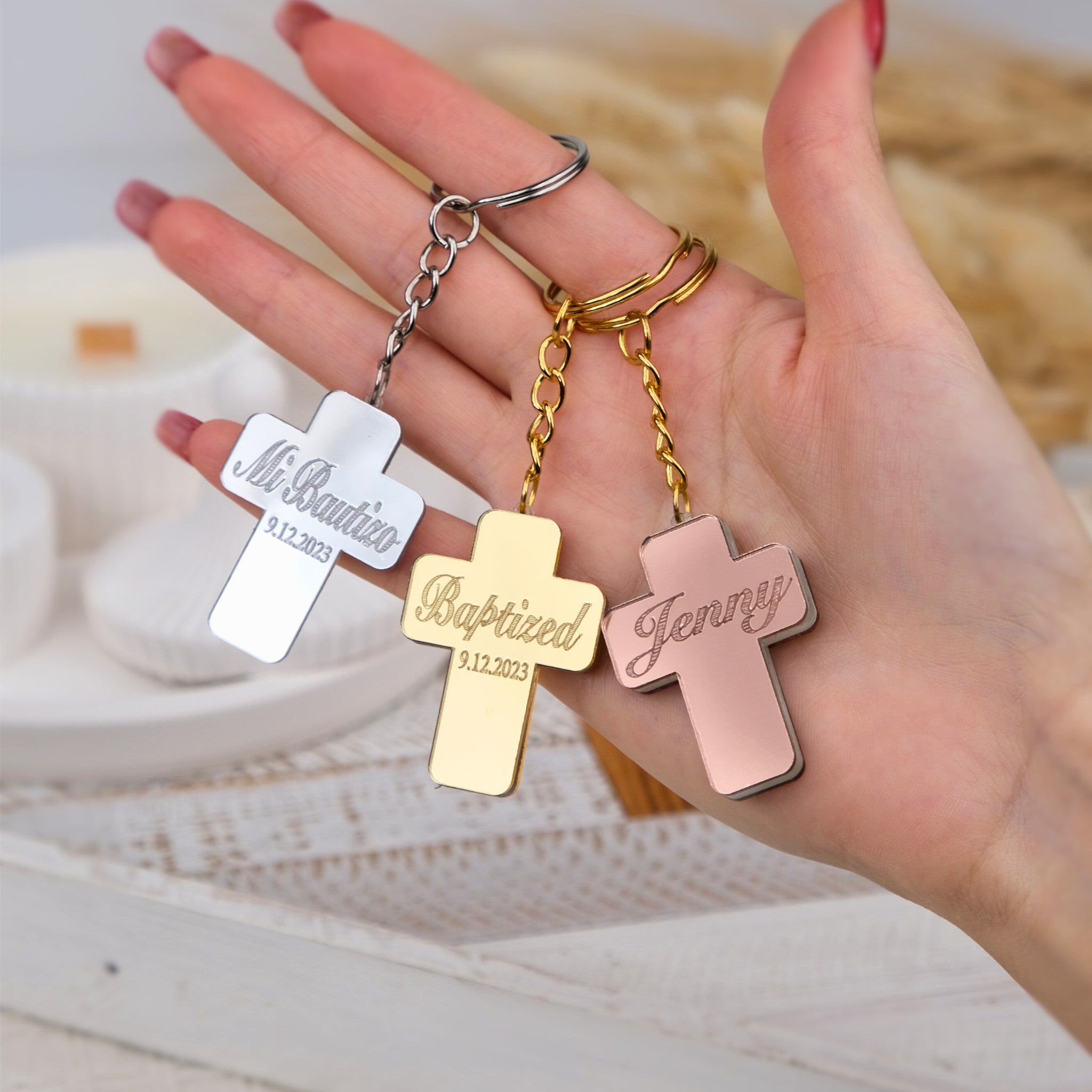Personalized Baptism Cross Keychain Favors – Unique Gifts – Craft