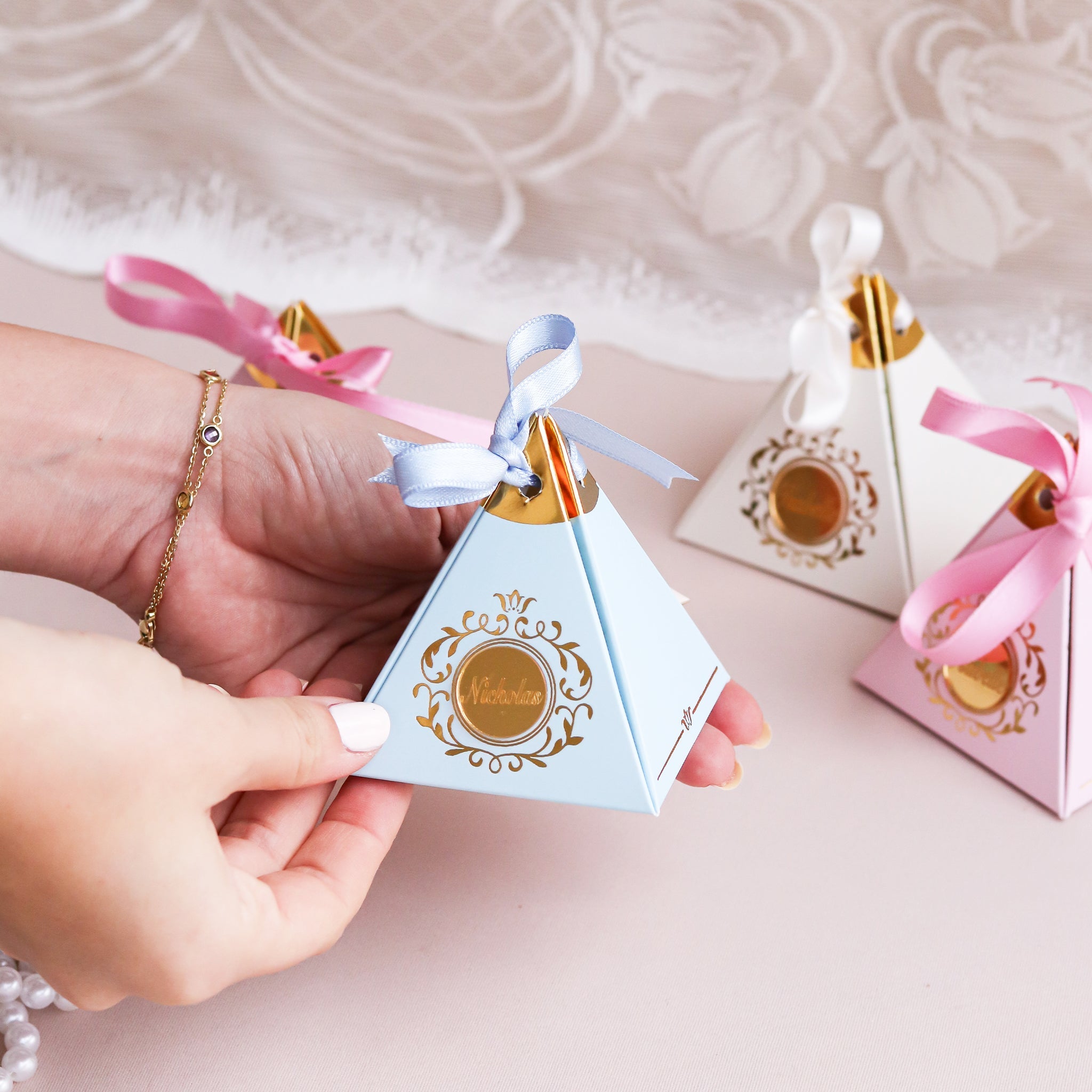 Personalized Pyramid Favor Boxes Baptism - Set of 12 – Craft Rosaries
