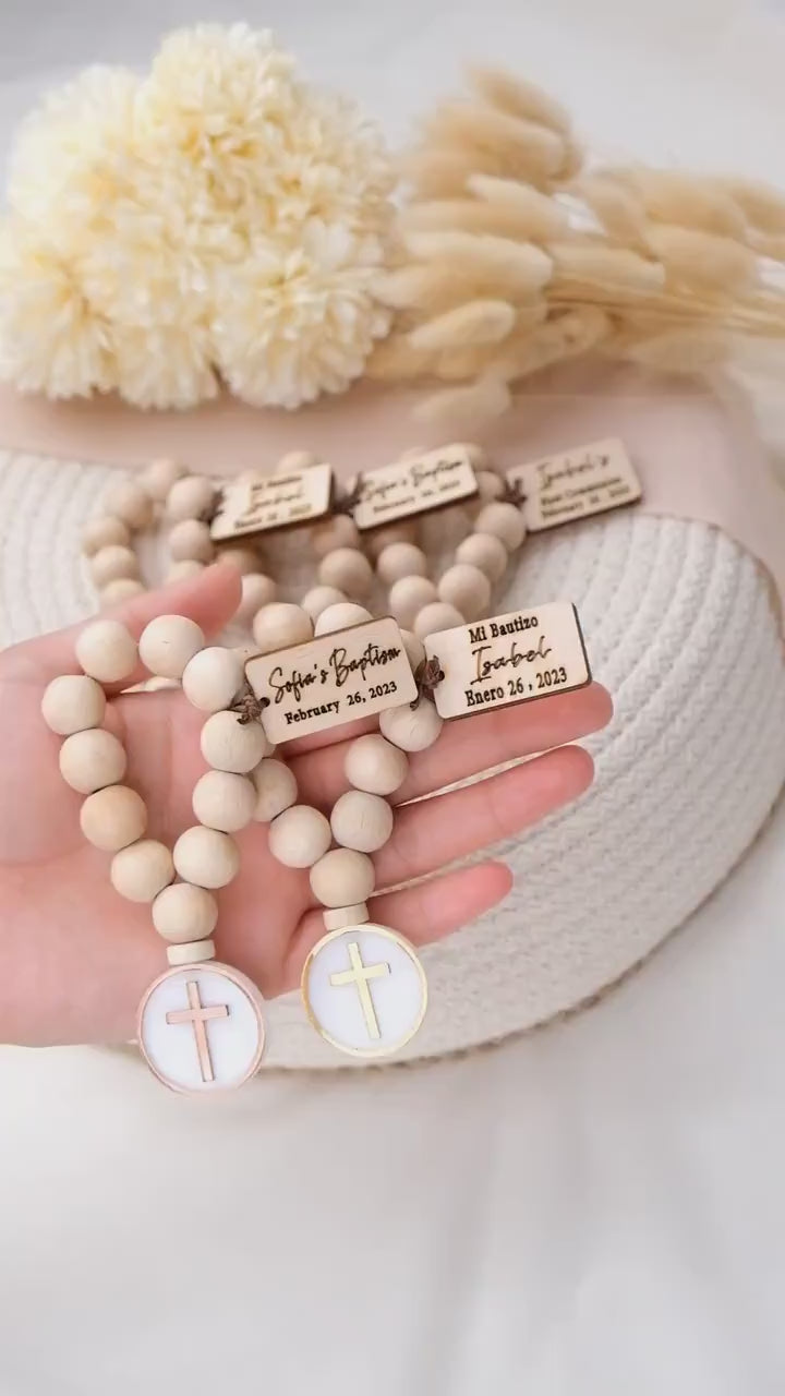 Personalized Baptism Mini Wooden Rosary Favors with Cross Figure, Christening, Bautizo, First Communion, Religious Gifts, Bautizo Recuerdos