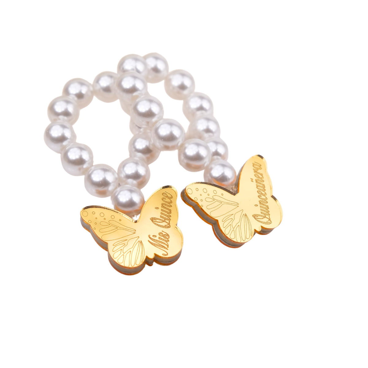 Pearl bracelet mini rosaries with gold butterfly charms on a white background