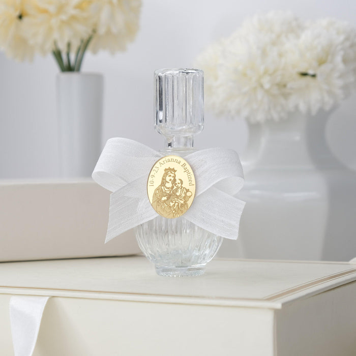 Give a unique and meaningful gift for any catholic sacrament with these personalized glass holy water bottles for religious events as baptism, communion or church wedding. Share your faith and love with others with these divine gifts and favors.